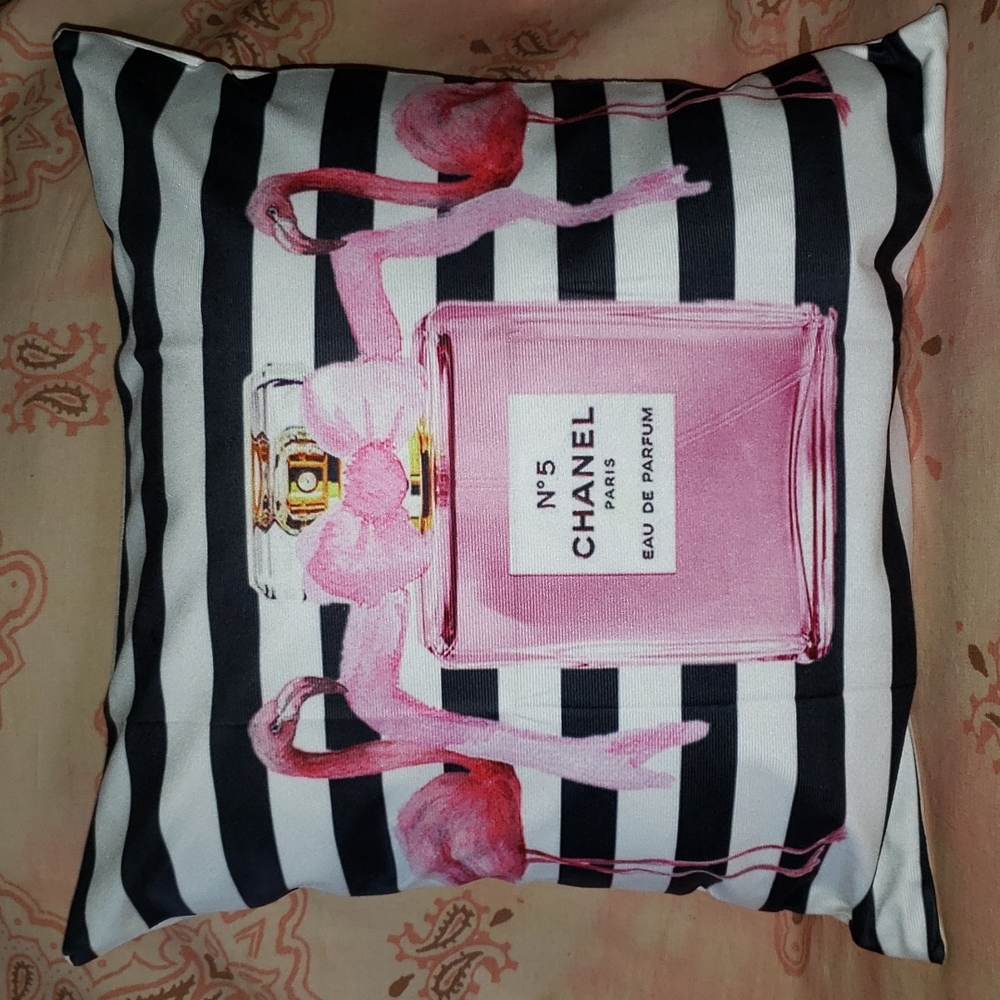 Flamingo Perfume Bottle Pillow Cover. Stripes Bow - Picture 10 of 10